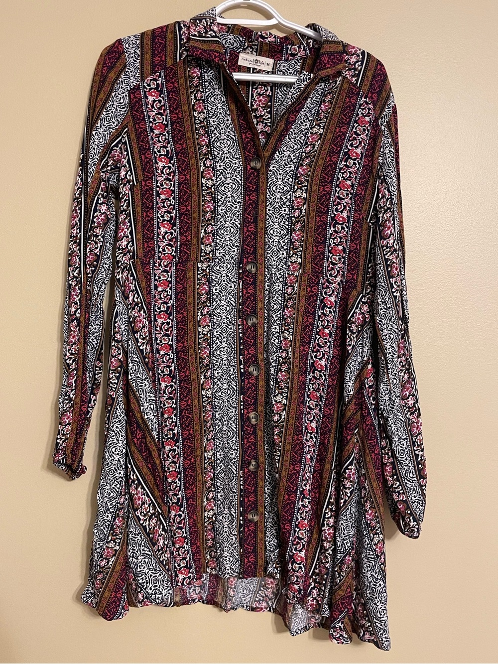 Natural Life Floral Button Front Long Sleeve Mini Shirt Dress medium